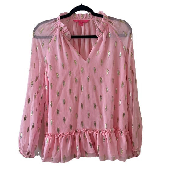 Lilly Pulitzer Tensley Silk Top Pink Metallic Silver Gold Feathers Ruffles‎ Sz S
